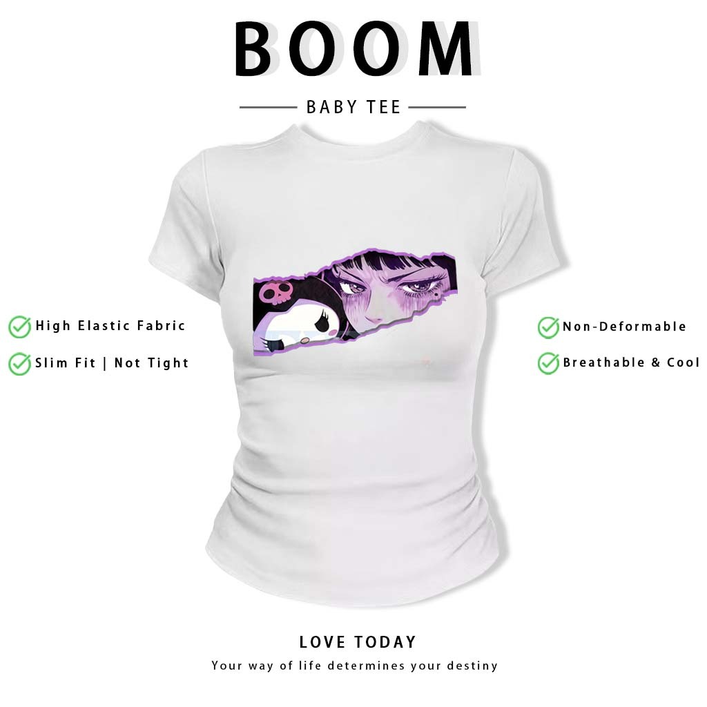 BOOM Áo Baby Tee Nữ Cotton Ôm Body-Áo Thun Ngắn Tay Y2K In Hình PhongCách Mùa Hè, Cổ Tròn Hàng Đầucách hàn quốc phongQ09