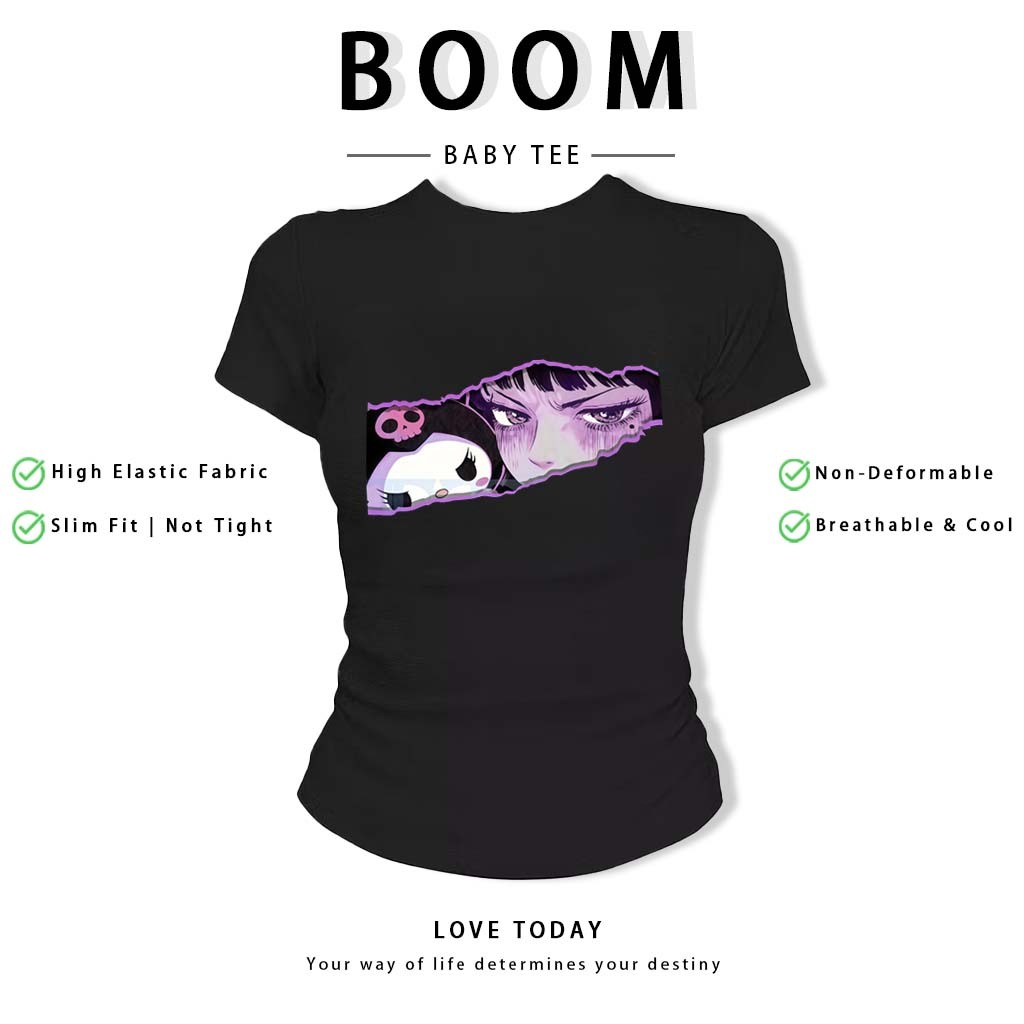 BOOM Áo Baby Tee Nữ Cotton Ôm Body-Áo Thun Ngắn Tay Y2K In Hình PhongCách Mùa Hè, Cổ Tròn Hàng Đầucách hàn quốc phongQ09