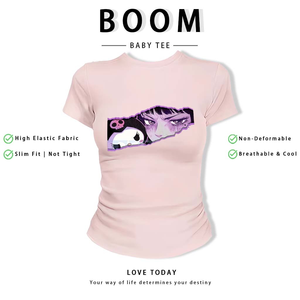 BOOM Áo Baby Tee Nữ Cotton Ôm Body-Áo Thun Ngắn Tay Y2K In Hình PhongCách Mùa Hè, Cổ Tròn Hàng Đầucách hàn quốc phongQ09