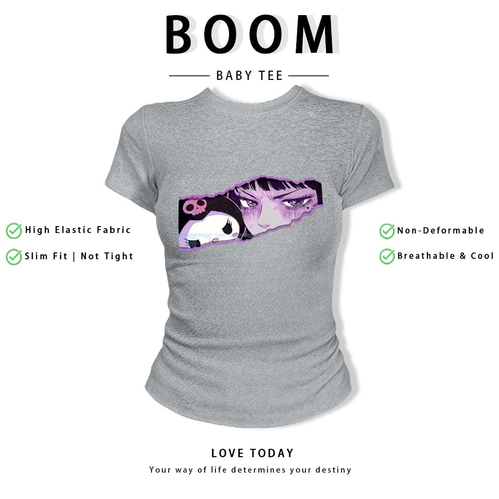 BOOM Áo Baby Tee Nữ Cotton Ôm Body-Áo Thun Ngắn Tay Y2K In Hình PhongCách Mùa Hè, Cổ Tròn Hàng Đầucách hàn quốc phongQ09
