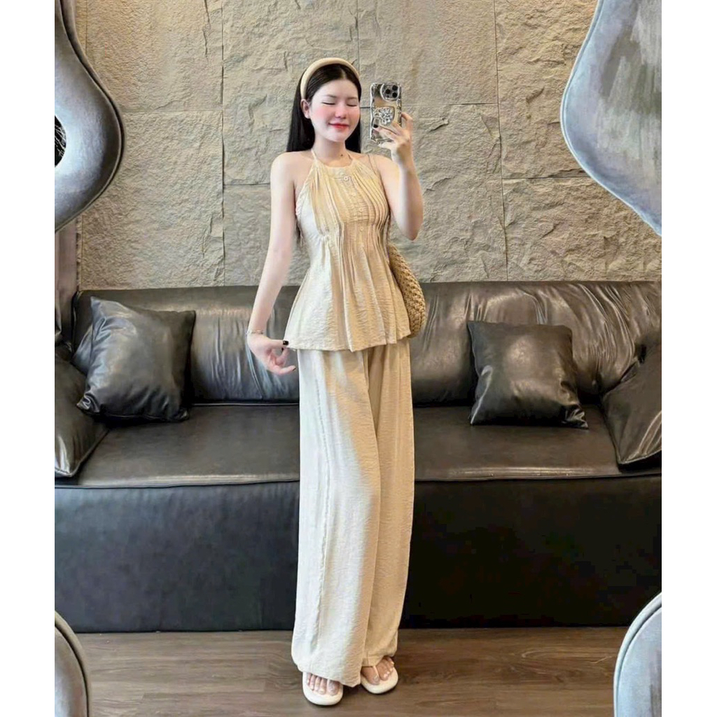 LK65- ( KÈM HÌNH THẬT) sét Đũi cô yếm xếp ly nhẹ form dáng basic (38-57kg)