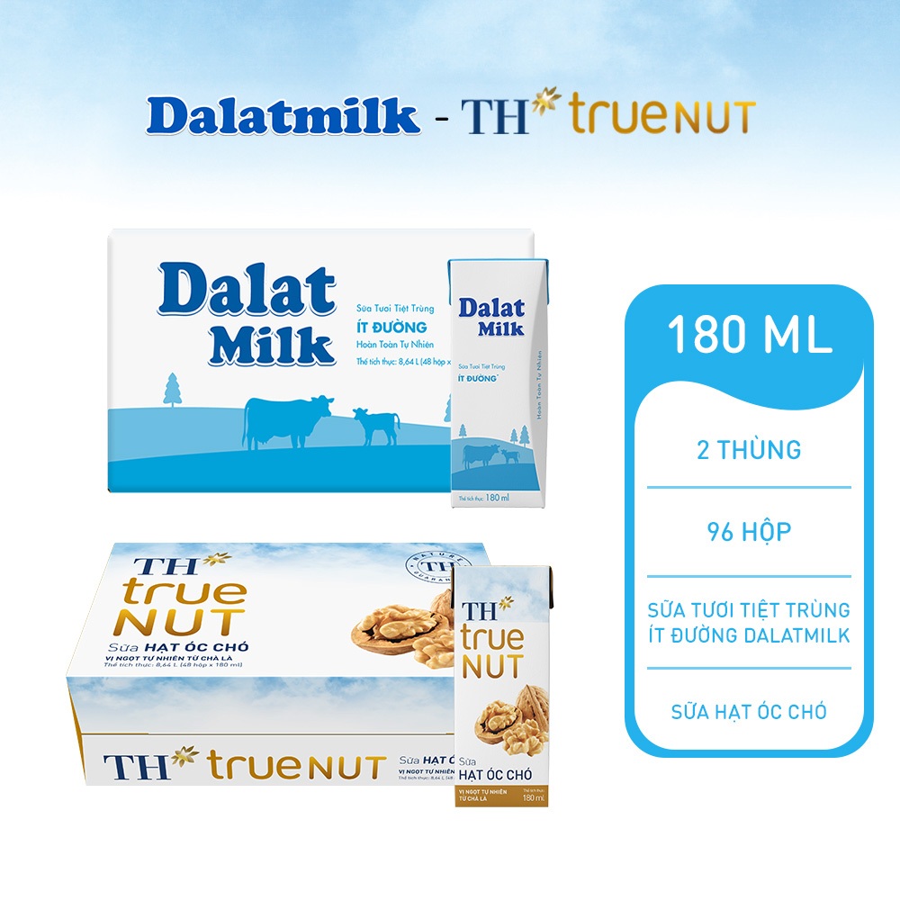 Combo 1 Thùng sữa tươi tiệt trùng ít đường Dalatmilk và 1 Thùng sữa hạt óc chó TH true Nut 180ml x 96 hộp