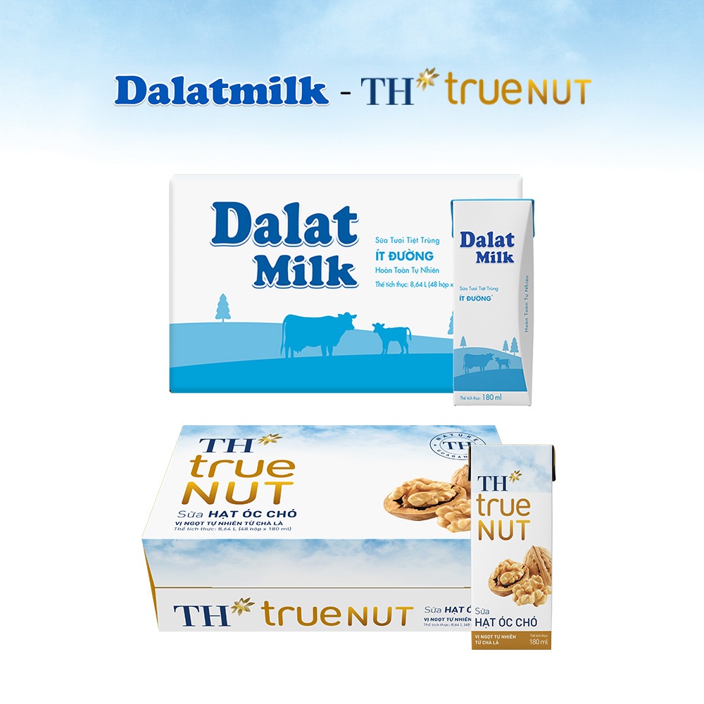 Combo 1 Thùng sữa tươi tiệt trùng ít đường Dalatmilk và 1 Thùng sữa hạt óc chó TH true Nut 180ml x 96 hộp