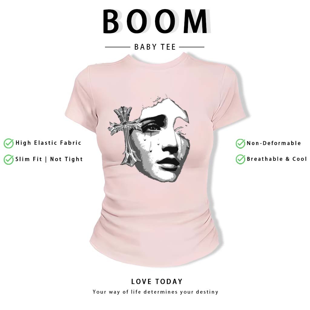 BOOM Áo Baby Tee Nữ Cotton Ôm Body-Áo Thun Ngắn Tay Y2K In Hình PhongCách Mùa Hè, Cổ Tròn Hàng Đầucách hàn quốc phongQ10