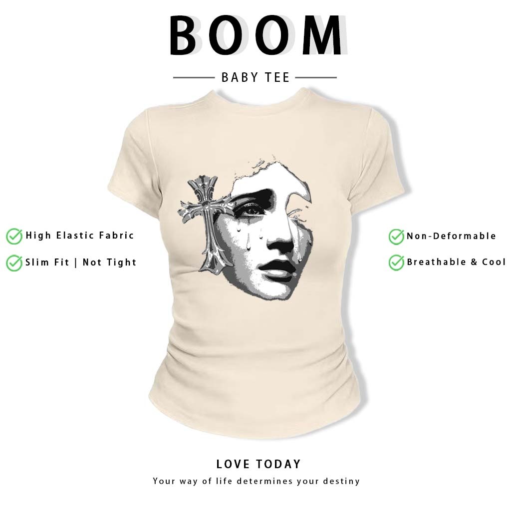 BOOM Áo Baby Tee Nữ Cotton Ôm Body-Áo Thun Ngắn Tay Y2K In Hình PhongCách Mùa Hè, Cổ Tròn Hàng Đầucách hàn quốc phongQ10