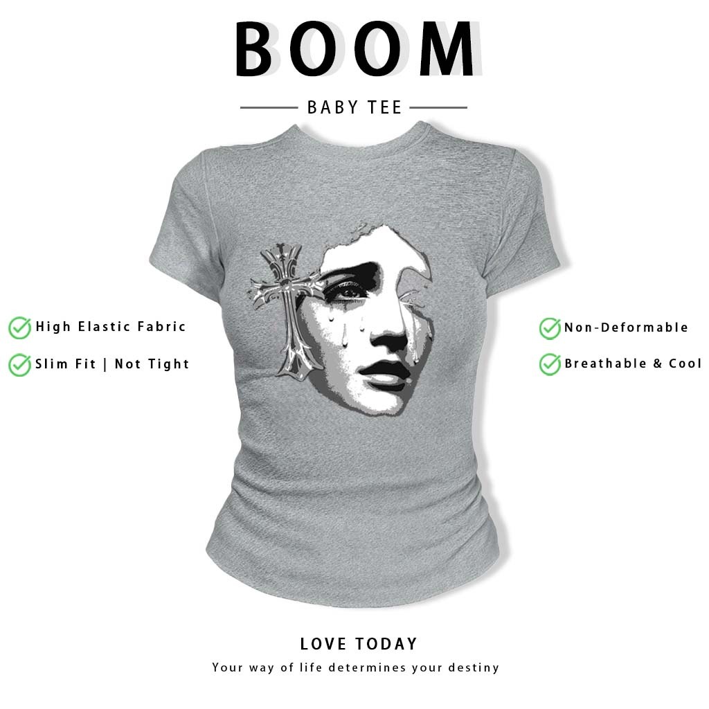 BOOM Áo Baby Tee Nữ Cotton Ôm Body-Áo Thun Ngắn Tay Y2K In Hình PhongCách Mùa Hè, Cổ Tròn Hàng Đầucách hàn quốc phongQ10