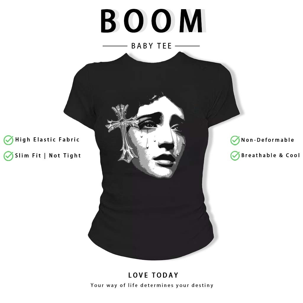 BOOM Áo Baby Tee Nữ Cotton Ôm Body-Áo Thun Ngắn Tay Y2K In Hình PhongCách Mùa Hè, Cổ Tròn Hàng Đầucách hàn quốc phongQ10