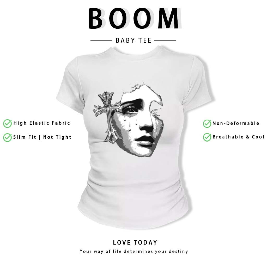 BOOM Áo Baby Tee Nữ Cotton Ôm Body-Áo Thun Ngắn Tay Y2K In Hình PhongCách Mùa Hè, Cổ Tròn Hàng Đầucách hàn quốc phongQ10
