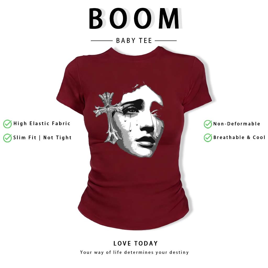 BOOM Áo Baby Tee Nữ Cotton Ôm Body-Áo Thun Ngắn Tay Y2K In Hình PhongCách Mùa Hè, Cổ Tròn Hàng Đầucách hàn quốc phongQ10