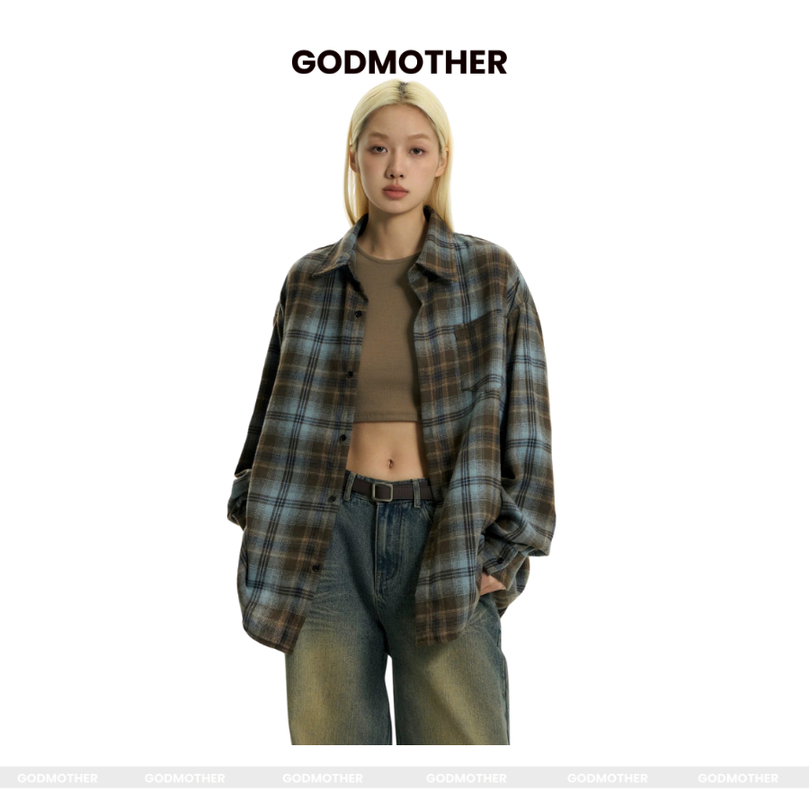 Áo Sơmi Dài Tay Flannel GODMOTHER Sơ Mi Nam Nữ Kẻ Caro Thoáng Mát Tay Dài Phong Cách Hàn Quốc