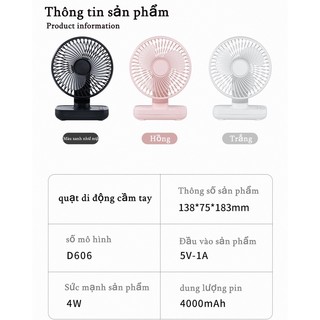 Quạt Mini Tích Điện Để Bàn Pin 4000mAh 4 Mức Gió Không Gây Tiếng Ồn Cổng Sạc USB