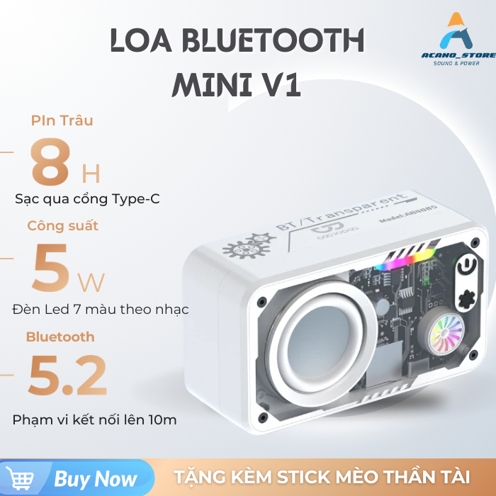 Loa Bluetooth Mini V1 Công Suất 10W, Pin Sử Dụng 8h Liên Tục, Tích hợp Led Đa Màu Nhảy Theo Nhạc|