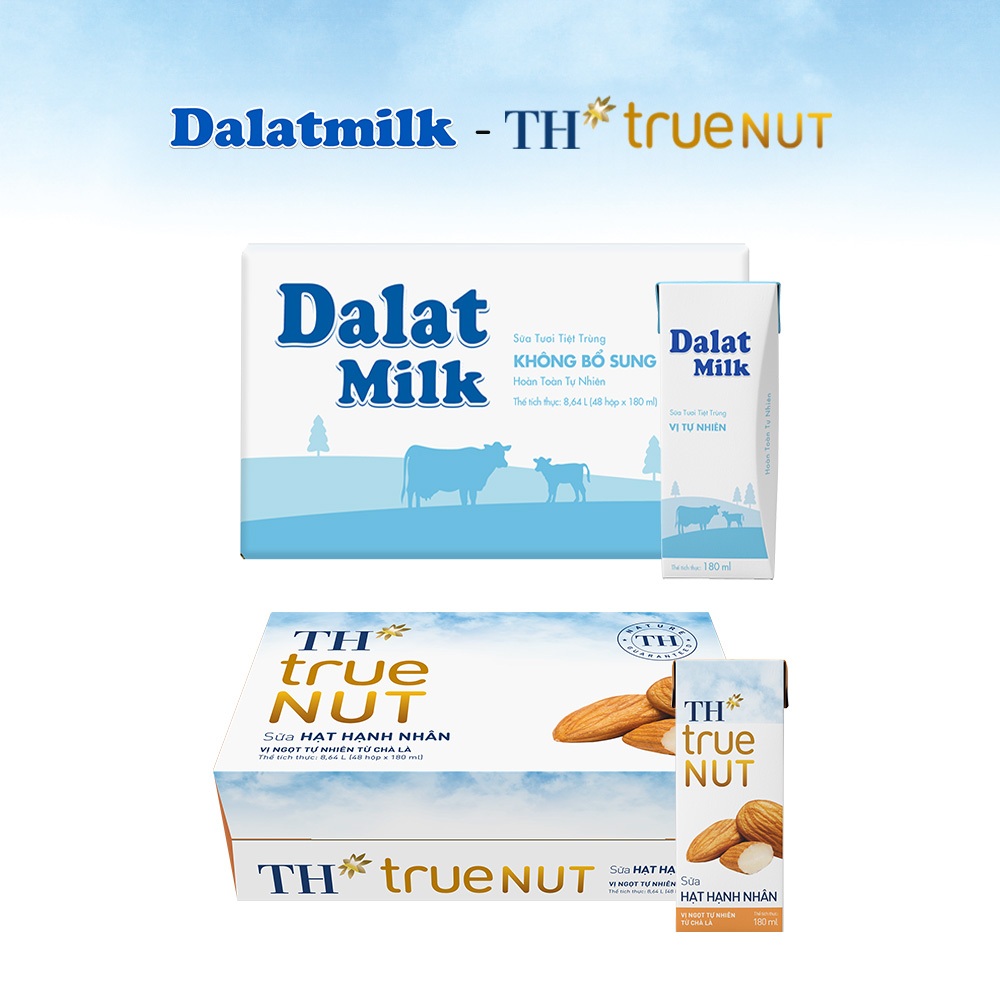 Combo 1 Thùng sữa tươi tiệt trùng tự nhiên Dalatmilk và 1 Thùng sữa hạt hạnh nhân TH true Nut 180ml x 96 hộp