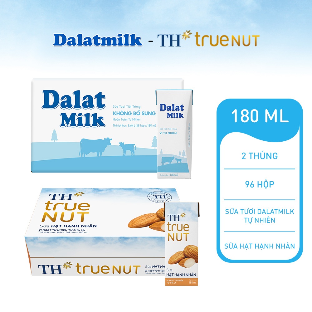 Combo 1 Thùng sữa tươi tiệt trùng tự nhiên Dalatmilk và 1 Thùng sữa hạt hạnh nhân TH true Nut 180ml x 96 hộp