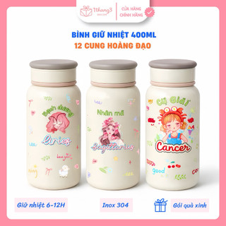 Bình Giữ Nhiệt 400ml Inox 304 – In Hình 12 Cung Hoàng Đạo – Quà Tặng Cá Nhân Cute