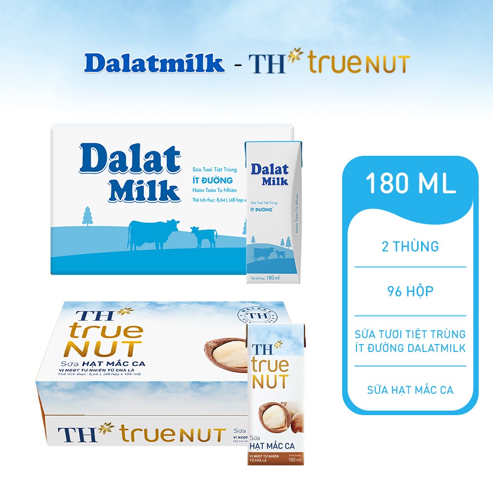Combo 1 Thùng sữa tươi tiệt trùng ít đường Dalatmilk và 1 Thùng sữa hạt mắc ca TH true Nut 180ml x 96 hộp