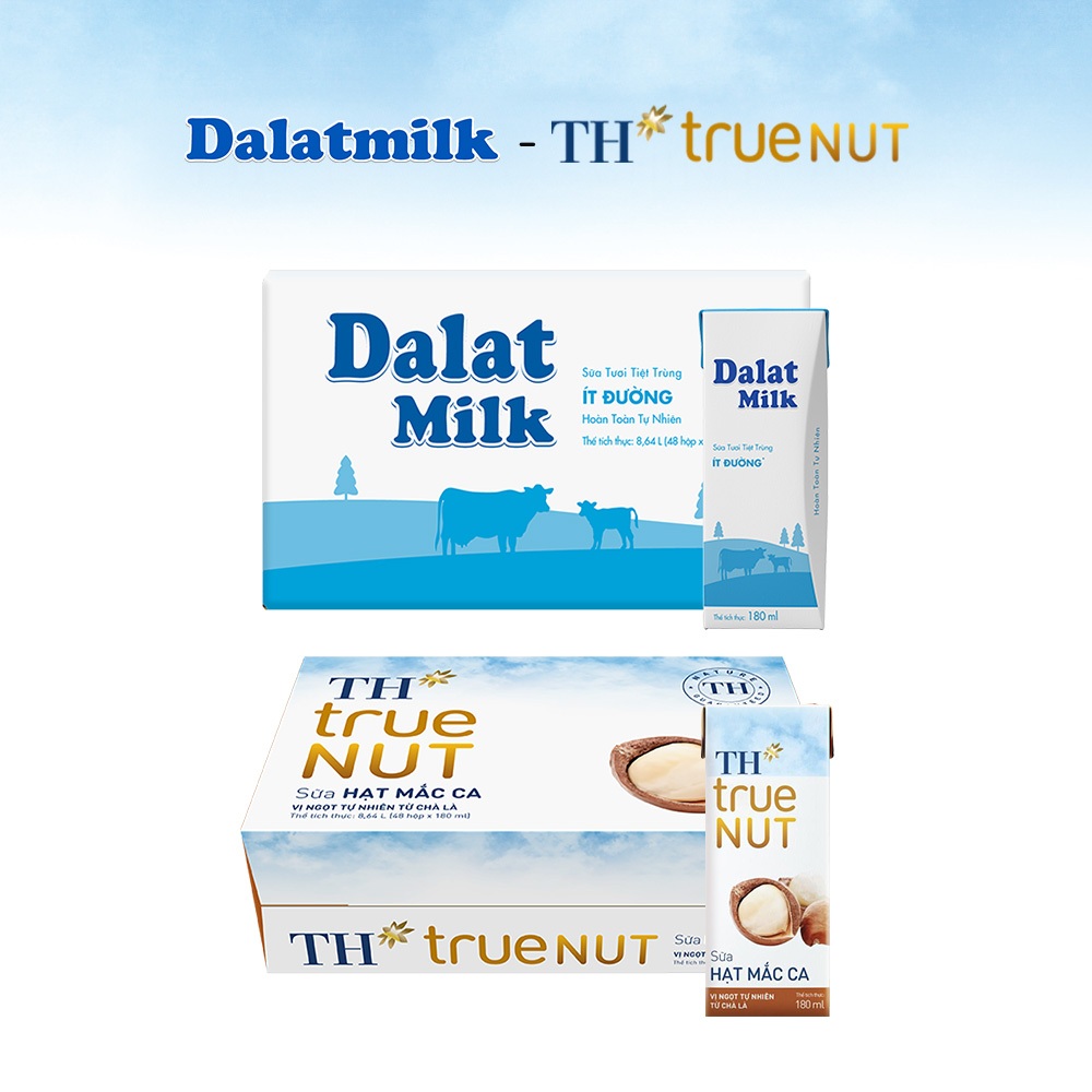 Combo 1 Thùng sữa tươi tiệt trùng ít đường Dalatmilk và 1 Thùng sữa hạt mắc ca TH true Nut 180ml x 96 hộp