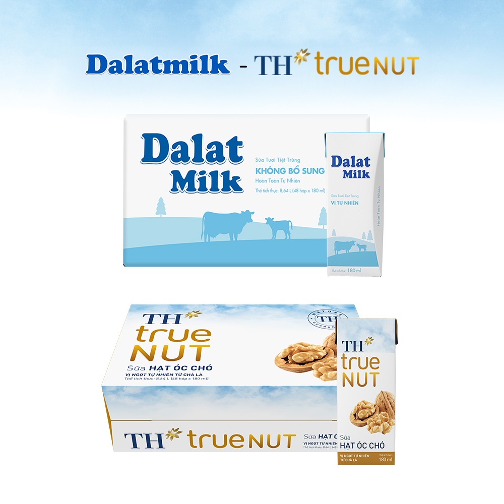 Combo 1 Thùng sữa tươi tiệt trùng tự nhiên Dalatmilk và 1 Thùng sữa hạt óc chó TH true Nut 180ml x 96 hộp