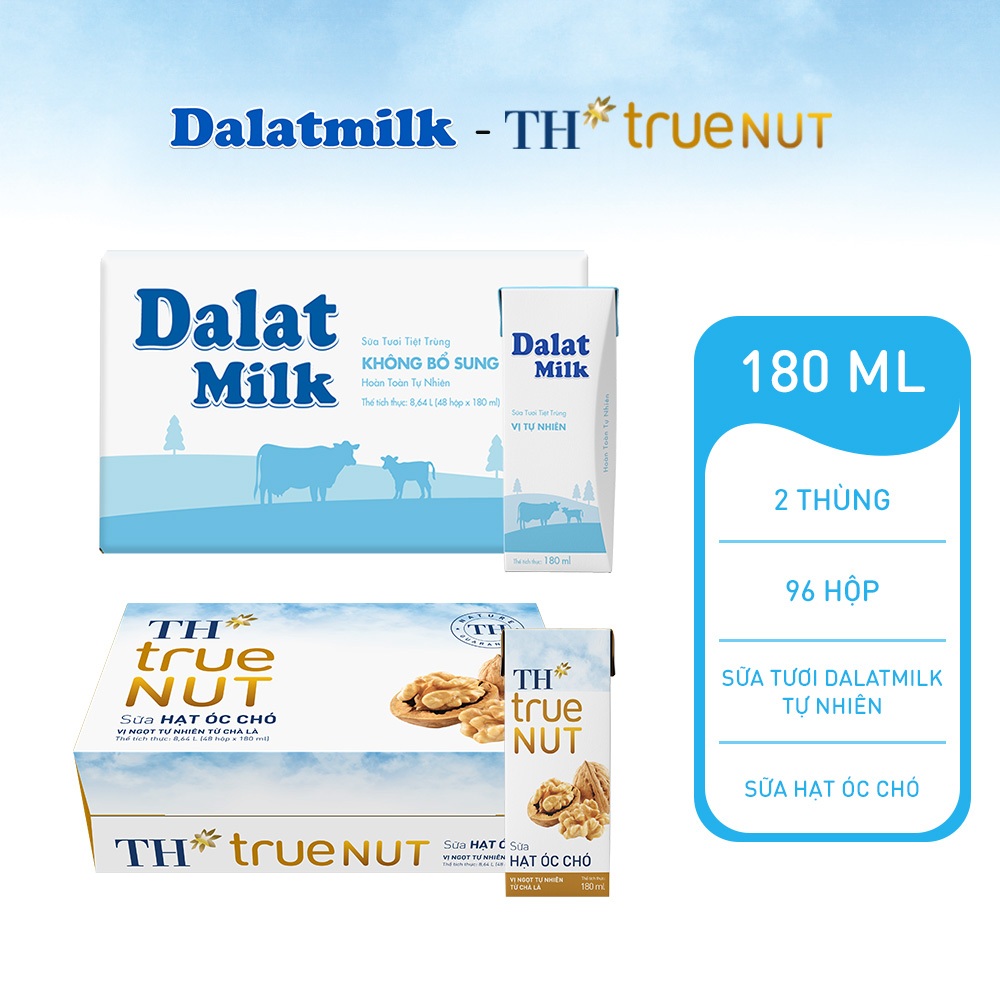 Combo 1 Thùng sữa tươi tiệt trùng tự nhiên Dalatmilk và 1 Thùng sữa hạt óc chó TH true Nut 180ml x 96 hộp