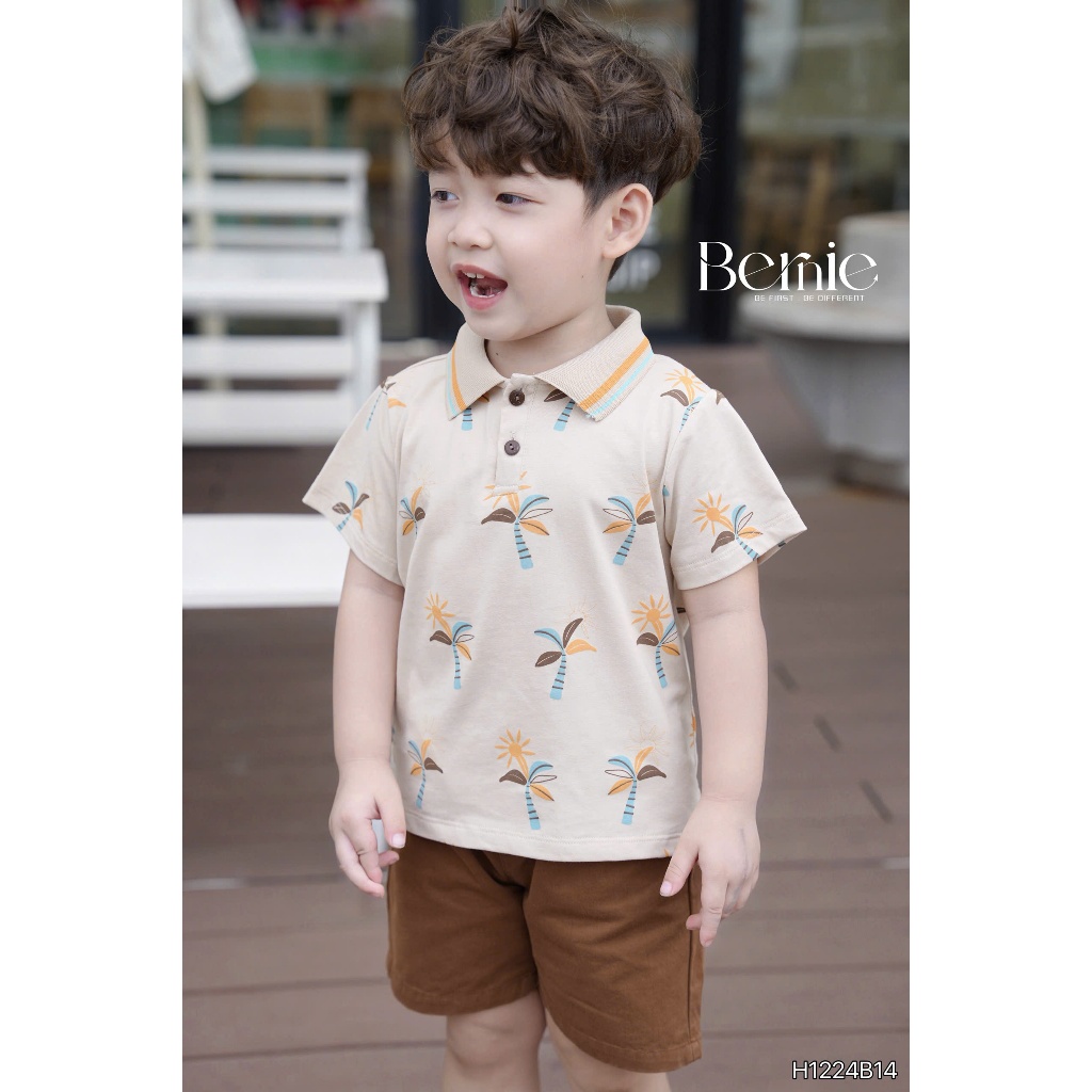 (BERNIE) Bộ polo hè họa tiết cây dừa chất vải cotton co giãn mềm mại kèm quần kaki nâu cho bé đi học đi chơi size 9-23kg