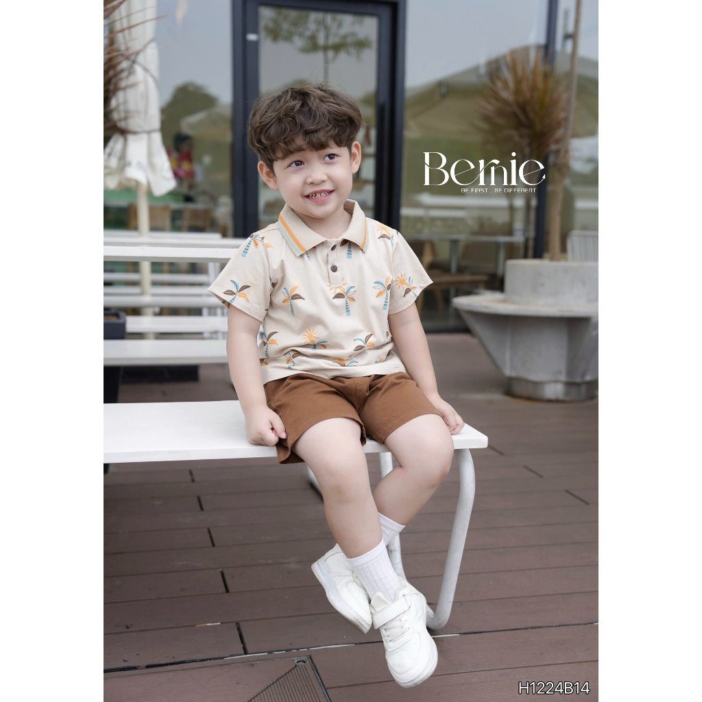 (BERNIE) Bộ polo hè họa tiết cây dừa chất vải cotton co giãn mềm mại kèm quần kaki nâu cho bé đi học đi chơi size 9-23kg