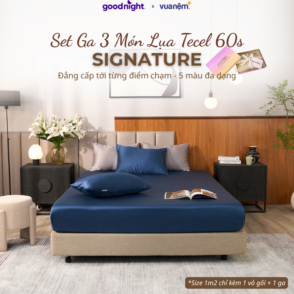 Bộ ga Tencel 60s cao cấp Goodnight Signature - Bộ ga 3 món thoáng, Ga tencel, Ga hè (25cm)
