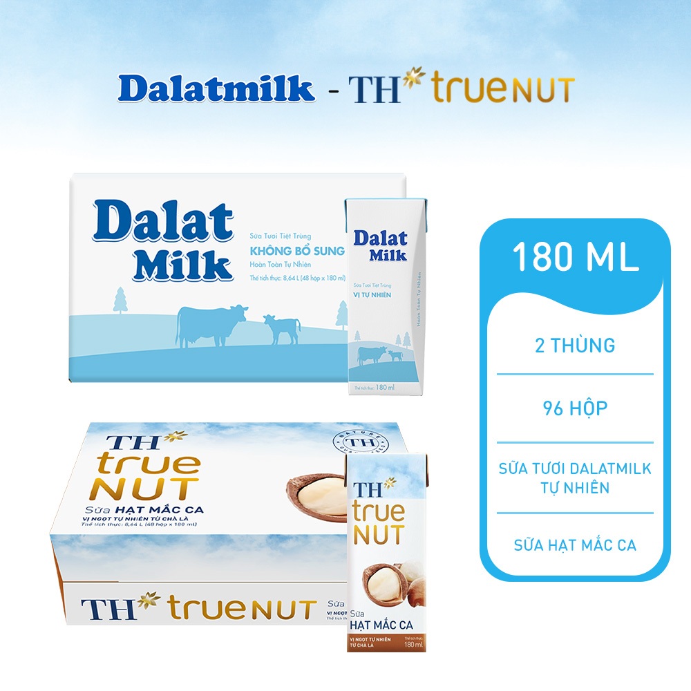 Combo 1 Thùng sữa tươi tiệt trùng tự nhiên Dalatmilk và 1 Thùng sữa hạt mắc ca TH true Nut 180ml x 96 hộp