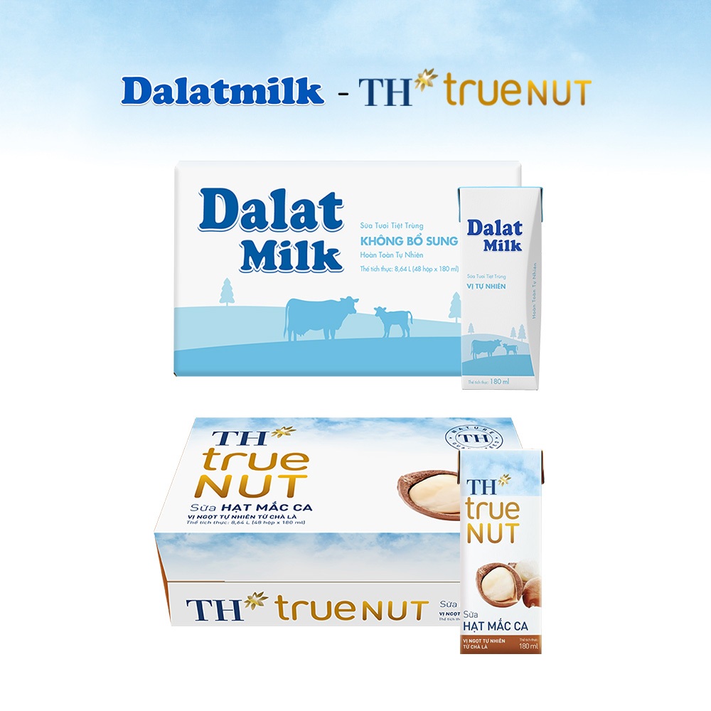Combo 1 Thùng sữa tươi tiệt trùng tự nhiên Dalatmilk và 1 Thùng sữa hạt mắc ca TH true Nut 180ml x 96 hộp