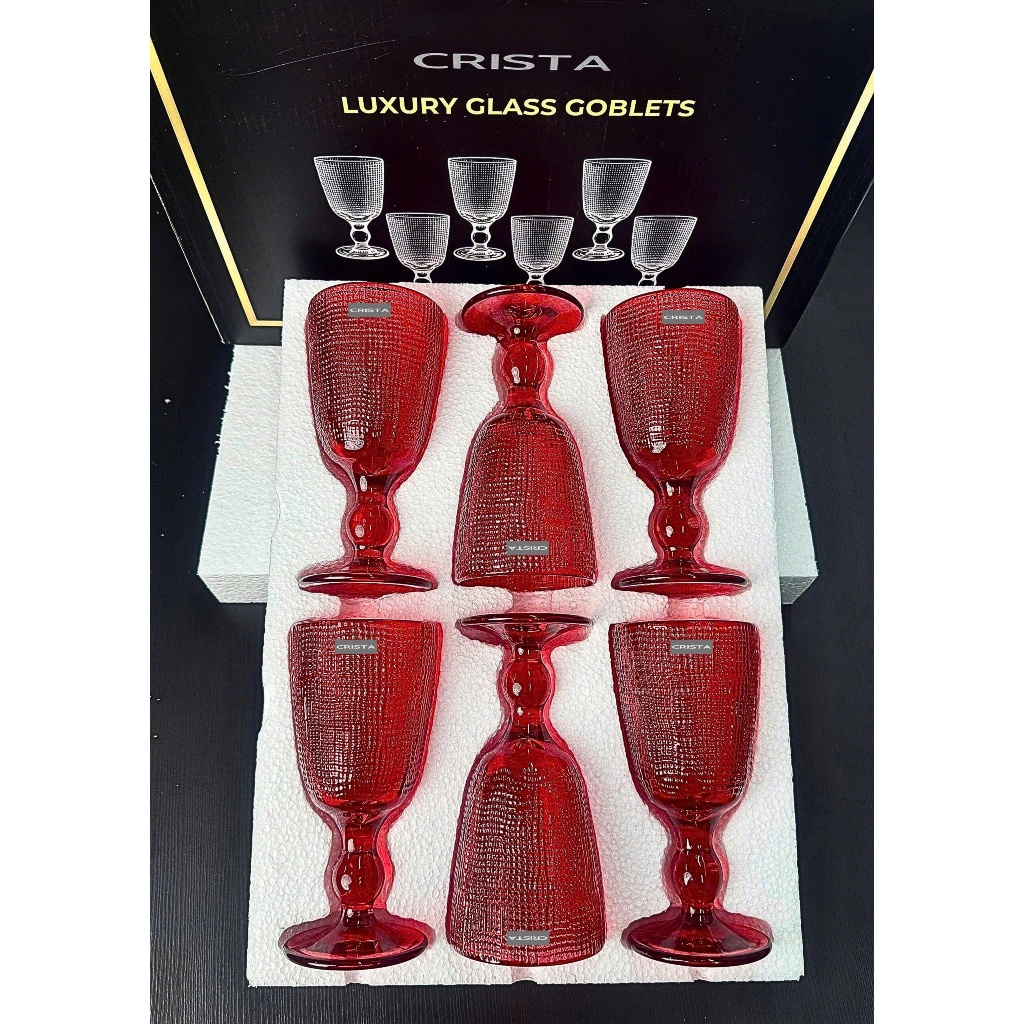 Bộ 6 Cốc Thủy Tinh Vân Lưới Dập Nổi Crista 420ml – Màu đỏ Ruby – Hàng Cao Cấp