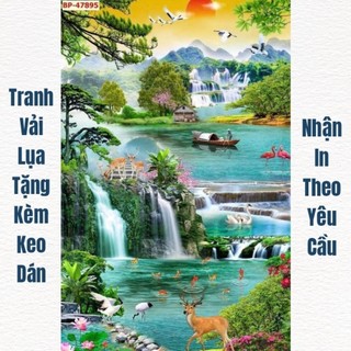 Tranh 3D dán tường sơn thủy hữu tình, tranh phong cảnh, tranh thác nước được in trên chất liệu vải lụa(tặng kèm keo dán)