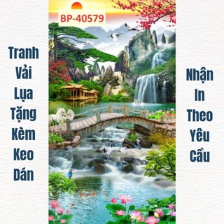 Tranh 3D sơn thủy hữu tình, tranh phong cảnh thác nước tranh dán tường in trên chất liệu vải lụa (shop tặng kèm keo dán)