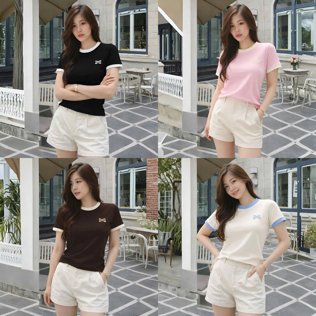 Áo Thun Trơn Phối Viền Xinh Yêu, Chất Cotton Mềm Mịn, Có Kèm Hình Thật.