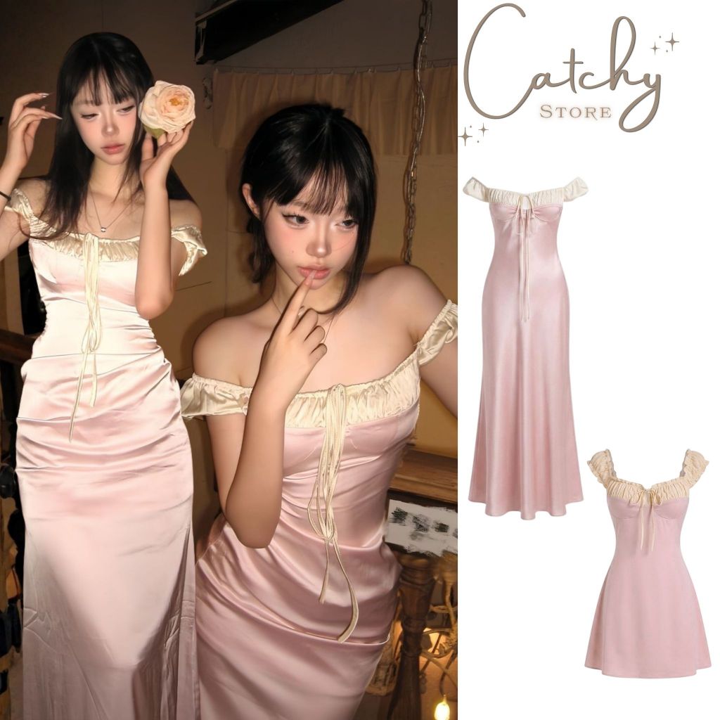 Đầm Lụa Dáng Dài Tay Bồng Trễ Vai Rút Dây Ôm Eo Tiểu Thư Ngọt Ngào Đi Tiệc CATCHYstore