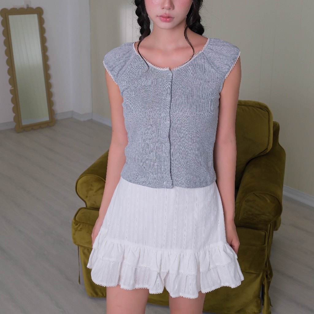 Chân Váy Ngắn 2 Tầng, Viền Ren, Cotton Hàn Quốc - Lace Tiered Skirt - Sonna hi