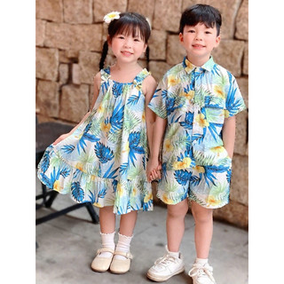 Set Đồ Đôi Bé Trai Váy Xuông Bé Gái Hoạ Tiết Năng Động Đi Biển, Chất Liệu Cao Cấp Thấm Hút Mồ Hôi