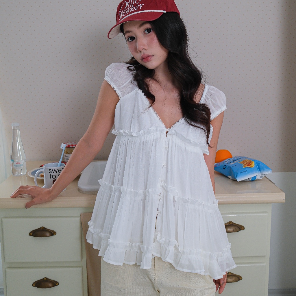 Áo Babydoll Ngắn Tay Cổ V, Chất Đũi Viscose Dáng Xòe - Cloud Babydoll - Sonna hi