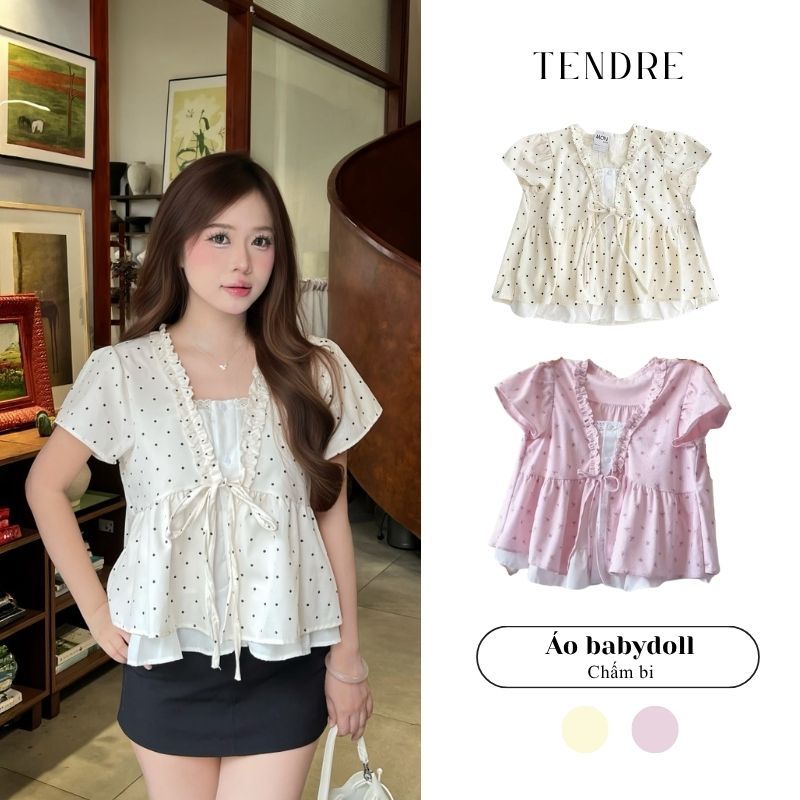 TENDRE-Áo Kiểu Nữ Chấm Bi Trắng Đen Cổ Bèo Thắt Nơ - Thời Trang Nữ Trend 2026 V08