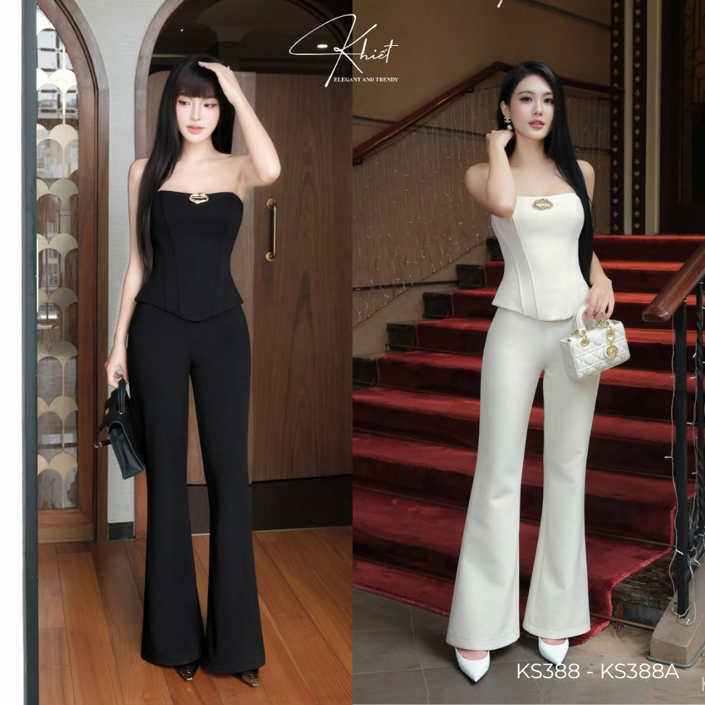 Set áo quây Khiết form corset phối khoen vàng quyến rũ & quần suông ống loe tôn dáng phong cách hiện đại KS388 KS388A
