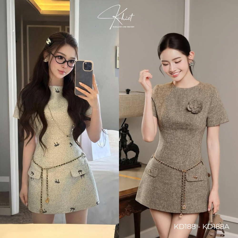 Đầm tweed họa tiết nơ Khiết phối charm hoa cài rời kèm belt da dây xích sang chảnh KD188 và KD188A