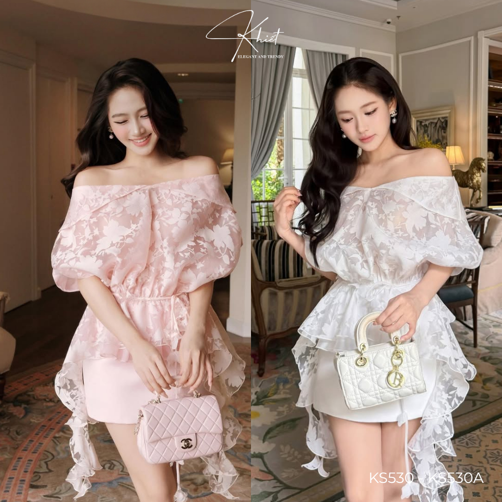 Set áo oganza Khiết trễ vai phối chân váy chữ A phong cách ngọt ngào trẻ trung KS530 KS530A