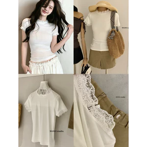 WGWE | Áo thun trắng phối cổ tay ren dáng ôm - mỏng mát , phong cách Pháp basic – W9286#