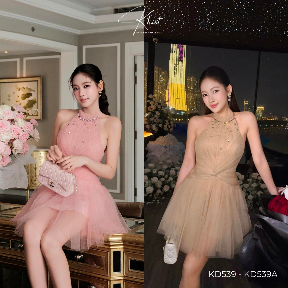 Đầm xòe cổ yếm Khiết phối lưới đính đá cao cấp, phong cách tiệc tùng sang trọng KD539 & KD539A
