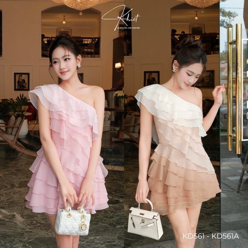 Đầm Khiết lệch vai tầng bèo oganza phối tơ nữ hoàng hồng pastel phong cách thanh lịch KD561 & KD561A