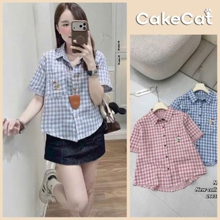 Áo Sơ Mi Nữ Kẻ Caro Cổ Bẻ Ngắn Tay Form Rộng Thêu Hình Gấu Dễ Thương Phong Cách Hàn - Cakecat