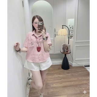 Áo Sơ Mi Nữ Kẻ Caro Cổ Bẻ Ngắn Tay Form Rộng Thêu Hình Gấu Dễ Thương Phong Cách Hàn - Cakecat