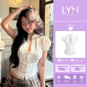 | LYN WEAR | (CHẤT DÀY DẶN) Áo croptop nữ cổ tàu tay bồng cột nơ form ôm chất xước mát mùa hè