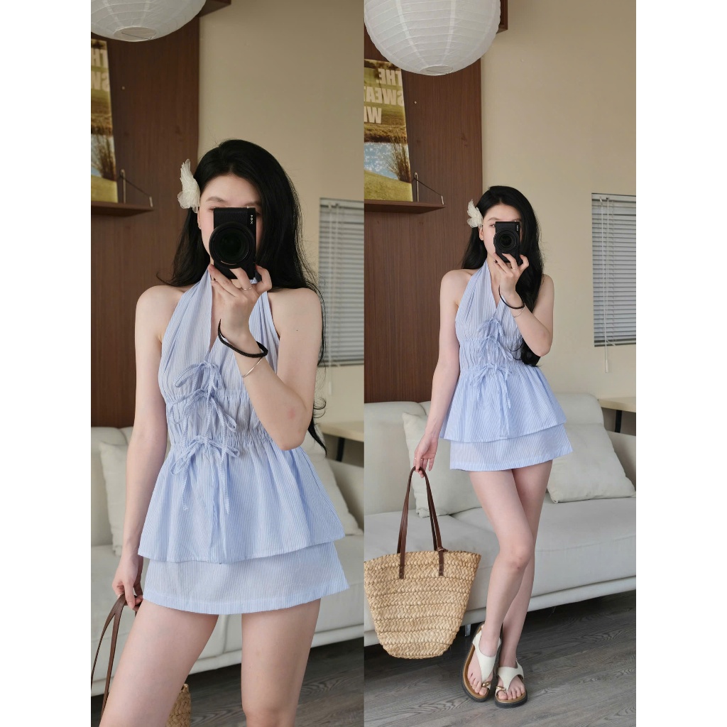 Nami Set (TSW) Set áo cổ yếm kẻ buộc nơ kèm chân váy ngắn Nữ the.sweaterweather