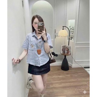 Áo Sơ Mi Nữ Kẻ Caro Cổ Bẻ Ngắn Tay Form Rộng Thêu Hình Gấu Dễ Thương Phong Cách Hàn - Cakecat