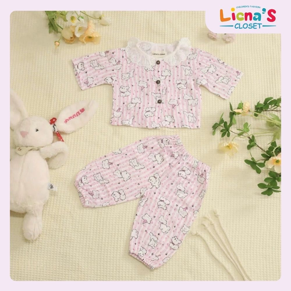 Set Bộ Dài Tay Thu Đông Liena’S Closet Cho Bé Họa Tiết Đáng Yêu Cổ Tròn Phối Ren Điệu Đà Thời Trang