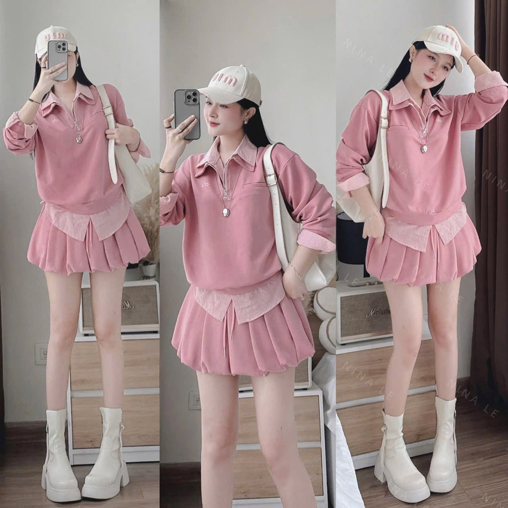 BL1- (HOẢ TỐC) Sét váy nỉ, ao form rộng phối somi mix vasys bí phồng (38-58kg)